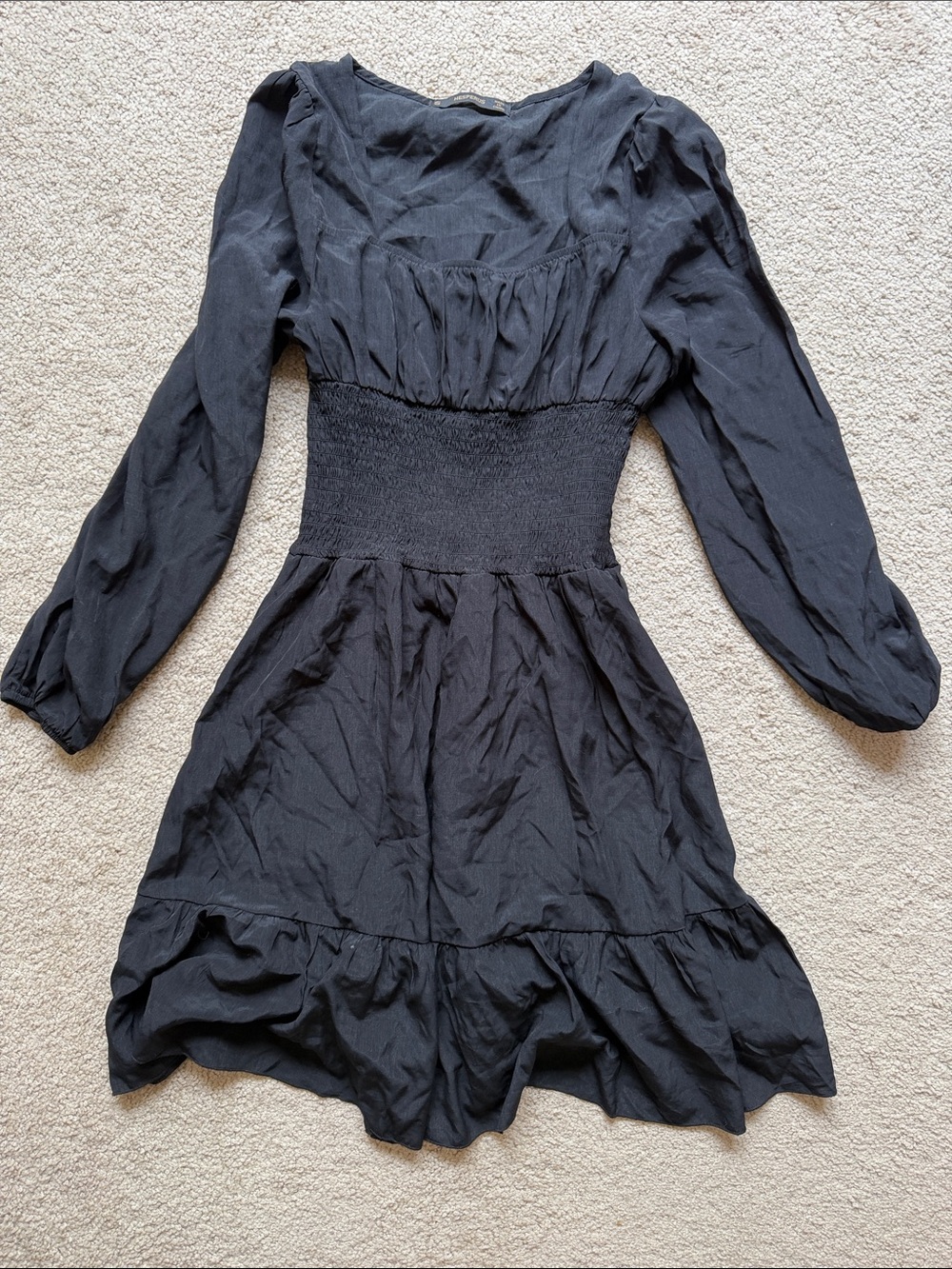 Black Long-Sleeve Smocked-Waist Mini Dress
